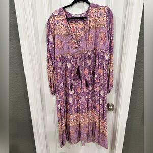 R. Vivimos Purple Boho Floral Midi Dress Tassel Tie V-Neck Size 2XL